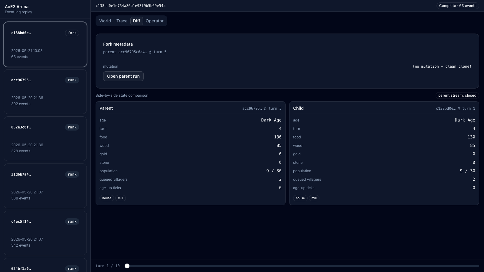 Diff panel of the arena UI